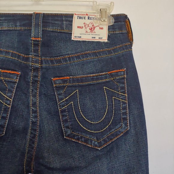 True Religion Jeans "Halle" size 27 Capri Y2k Dark Wash Preppy Travel Stre - Picture 11 of 16